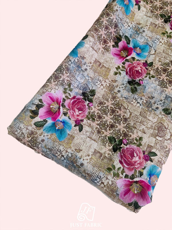 Digital Print Floral All over with border on Cotton Linen Satin Fabric  ( 44" Inch Width) JUST FABRIC