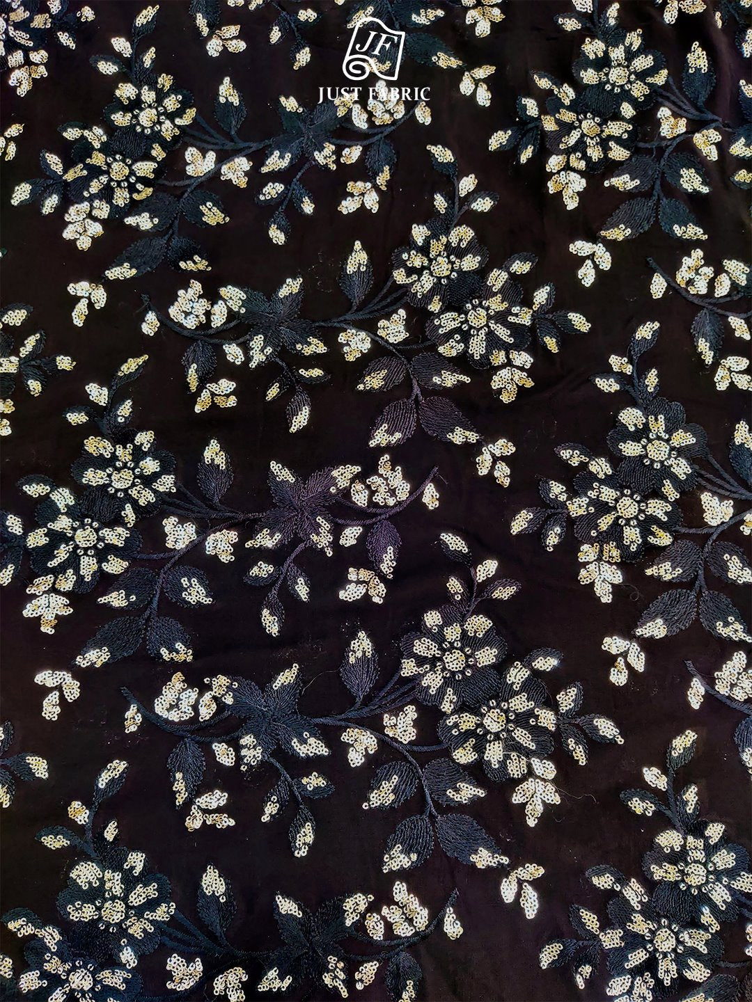 Golden Sequins & Thread Work Floral Jaal All over on Black Georgette Fabric With  Embroidery (44" Inch Width) JUST FABRIC