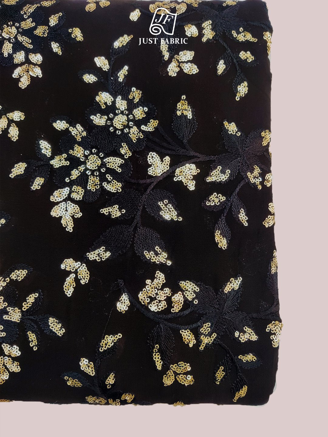 Golden Sequins & Thread Work Floral Jaal All over on Black Georgette Fabric With  Embroidery (44" Inch Width) JUST FABRIC