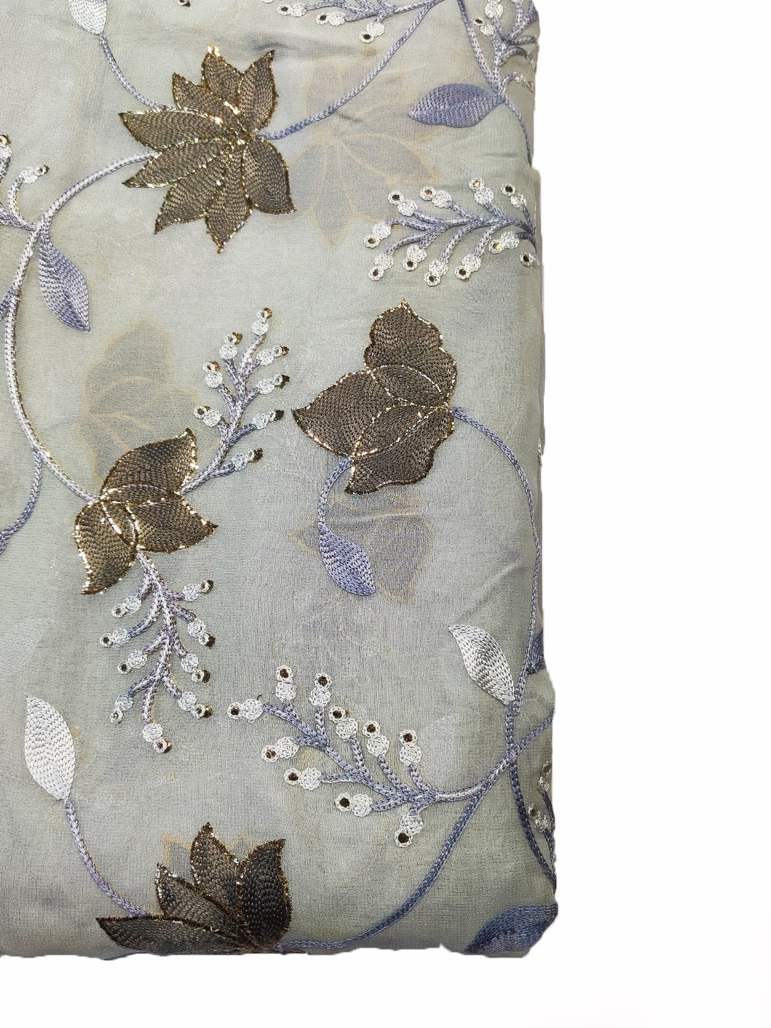 Grey Color Floral Thread Work  on Georgette Fabric With  Embroidery (44" Inch Width) JUST FABRIC