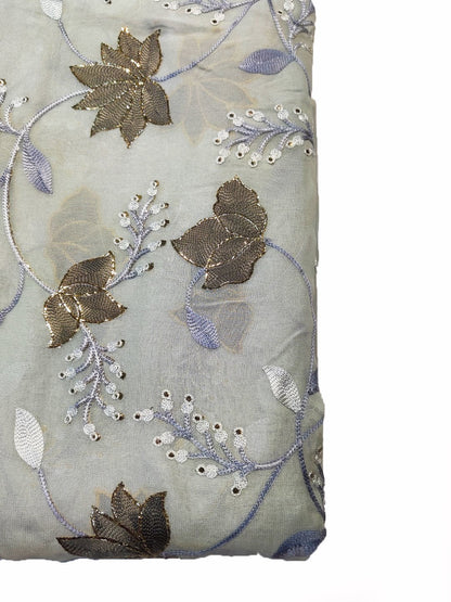 Grey Color Floral Thread Work  on Georgette Fabric With  Embroidery (44" Inch Width) JUST FABRIC