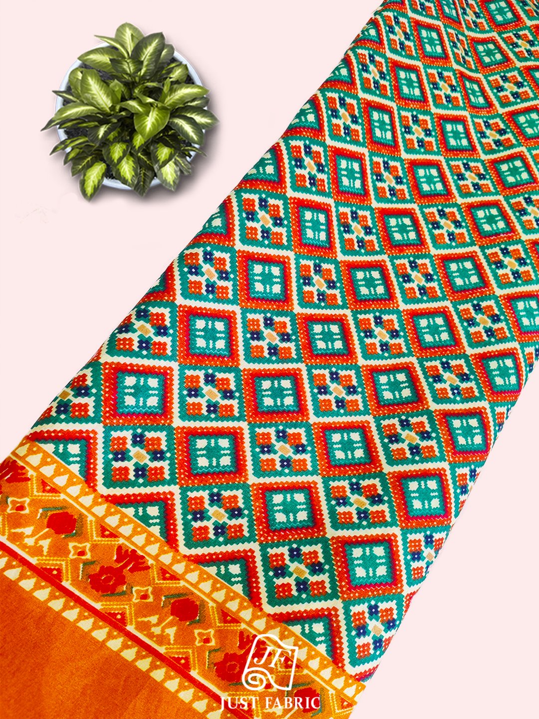 Patan Patola Digital Print All over with border on Fine Dupian Silk Fabric  ( 44" Inch Width) JUST FABRIC