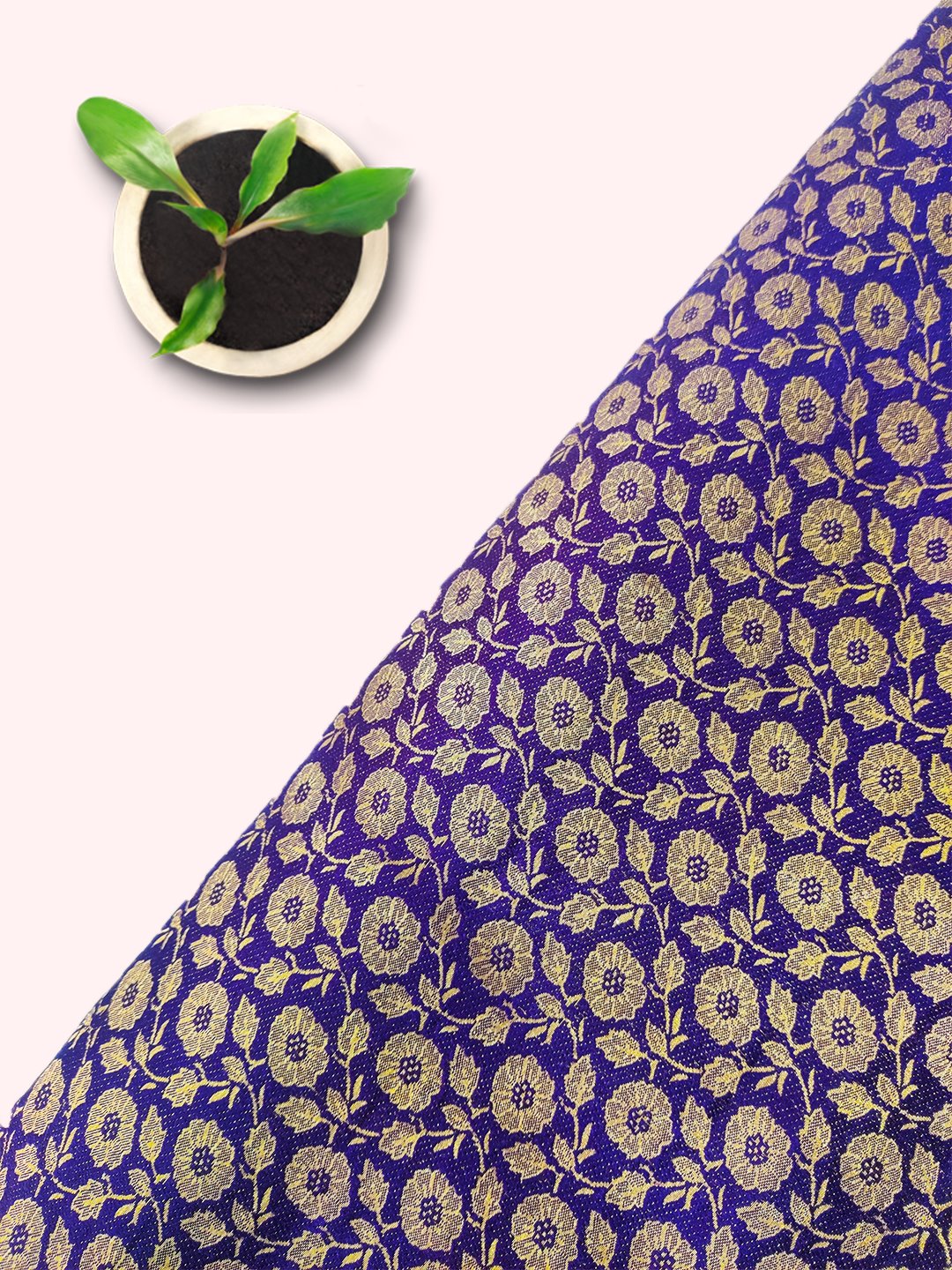 Royal Blue Golden Jari Banarsi Silk Brocade with Floral Jaal ( 44" inch Width ) JUST FABRIC