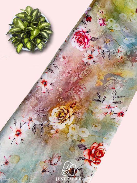 Digital Floral Print All over on Fine n soft  and Flowy  Satin Georgette Fabric  ( 44" Inch Width) JUST FABRIC