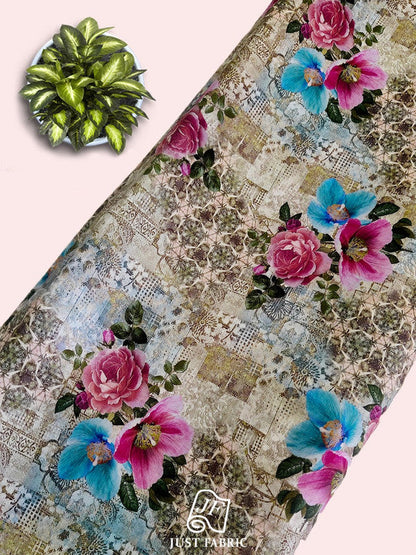 Digital Print Floral All over with border on Cotton Linen Satin Fabric  ( 44" Inch Width) JUST FABRIC