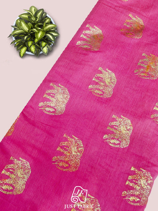 Elephant Butti Foil Print All over on Royal Chanderi  Silk Fabric  ( 44" Inch Width) JUST FABRIC