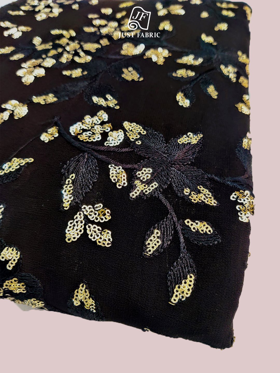 Golden Sequins & Thread Work Floral Jaal All over on Black Georgette Fabric With  Embroidery (44" Inch Width) JUST FABRIC