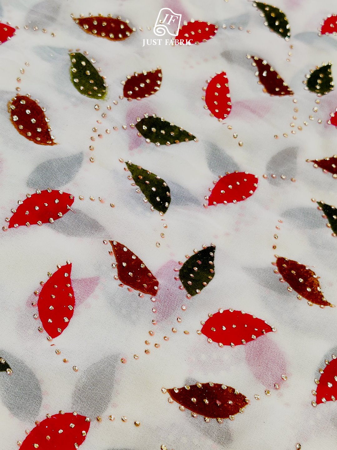 Mukaish work on Leaf print All over on white Georgette Fabric With Embroidery and Print (44" Inch Width) JUST FABRIC