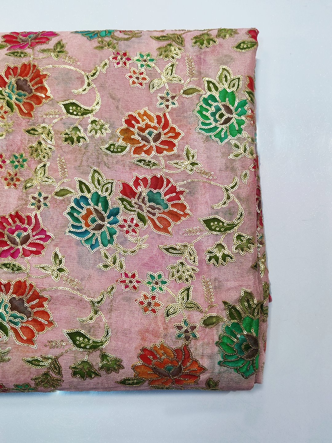 Multi Color Position Print On Chiffon Fabric With Sequins Embroidery (44" Inch Width) JUST FABRIC