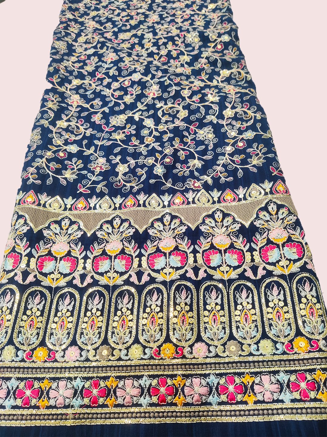 Multi colour Floral Jaal lucknowi Thread Work with Daman  on Upada Fabric With chicken and sequins Embroidery (56" Inch Width) JUST FABRIC