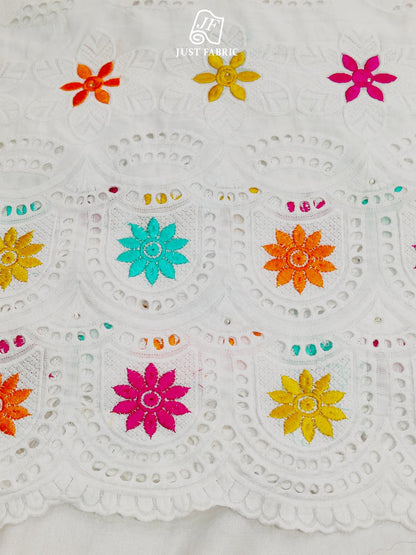 Multicolour Cotton Chickenkari on white Cotton Fabric With Embroidery  (44" Inch Width) JUST FABRIC