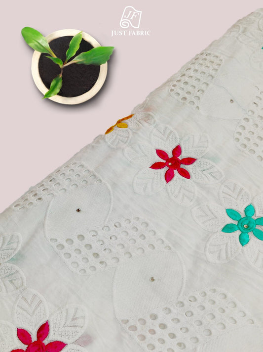 Multicolour Cotton Chickenkari on white Cotton Fabric With Embroidery  (44" Inch Width) JUST FABRIC