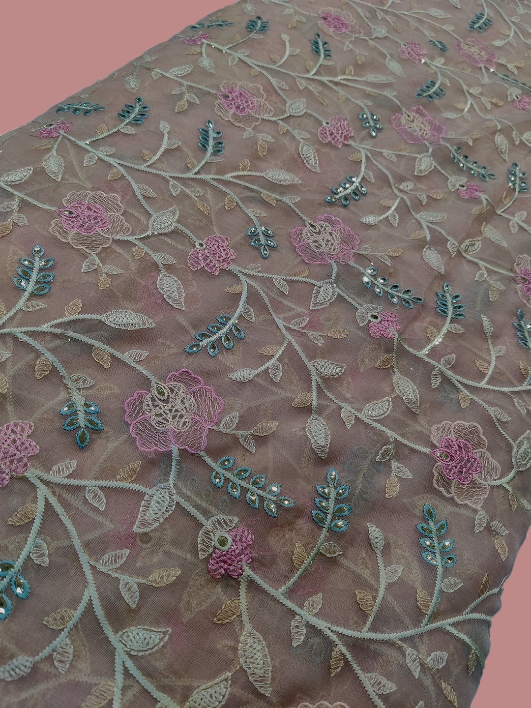 Multicolour Thread Work and Floral Jaal Allover on Organza Fabric With Gota patti Work Embroidery (56" Inch Width) JUST FABRIC