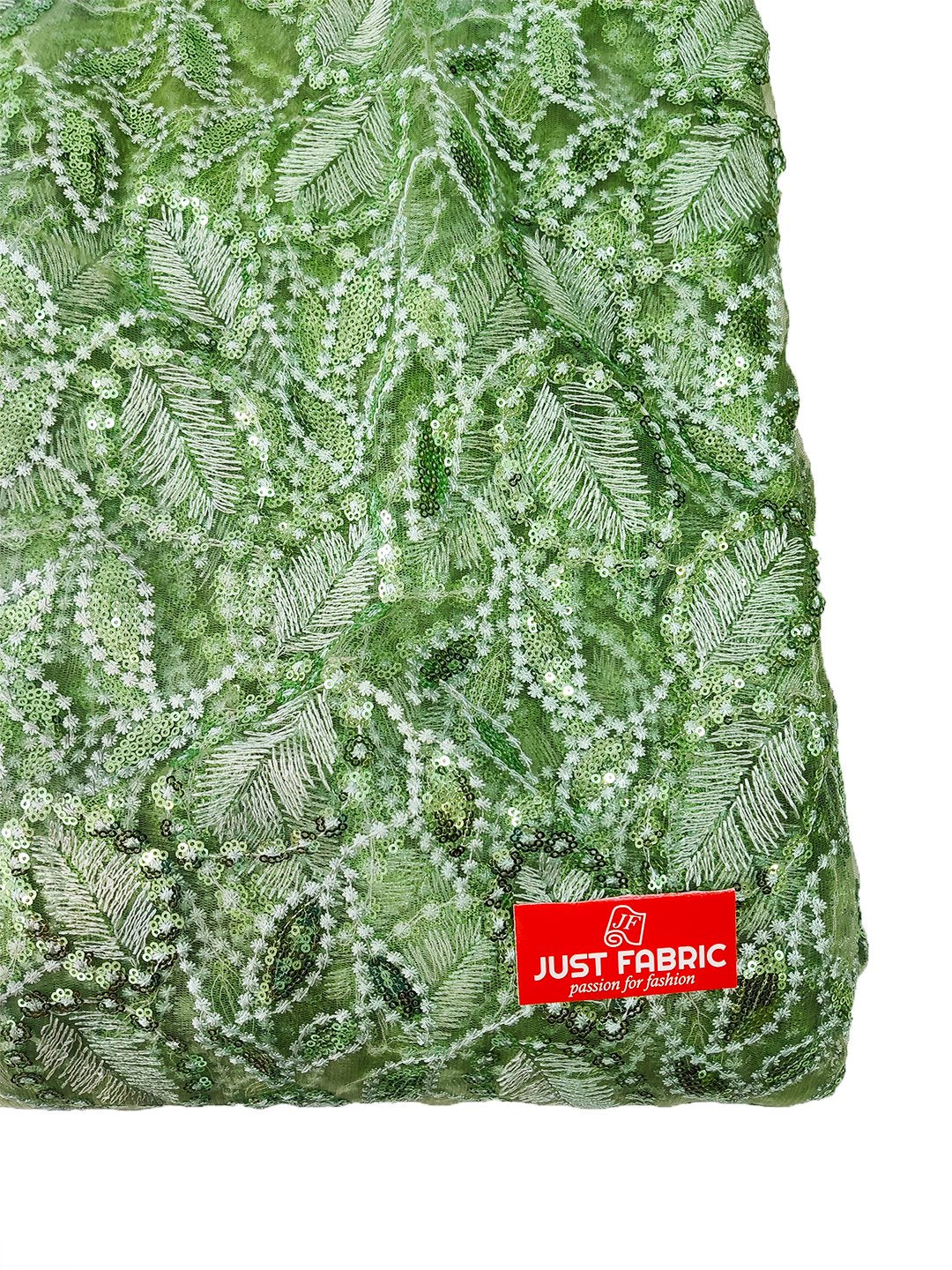 Pista colour Thread Work and Floral Jaal Allover on Net Fabric With Sequin Work Embroidery (60" Inch Width) JUST FABRIC