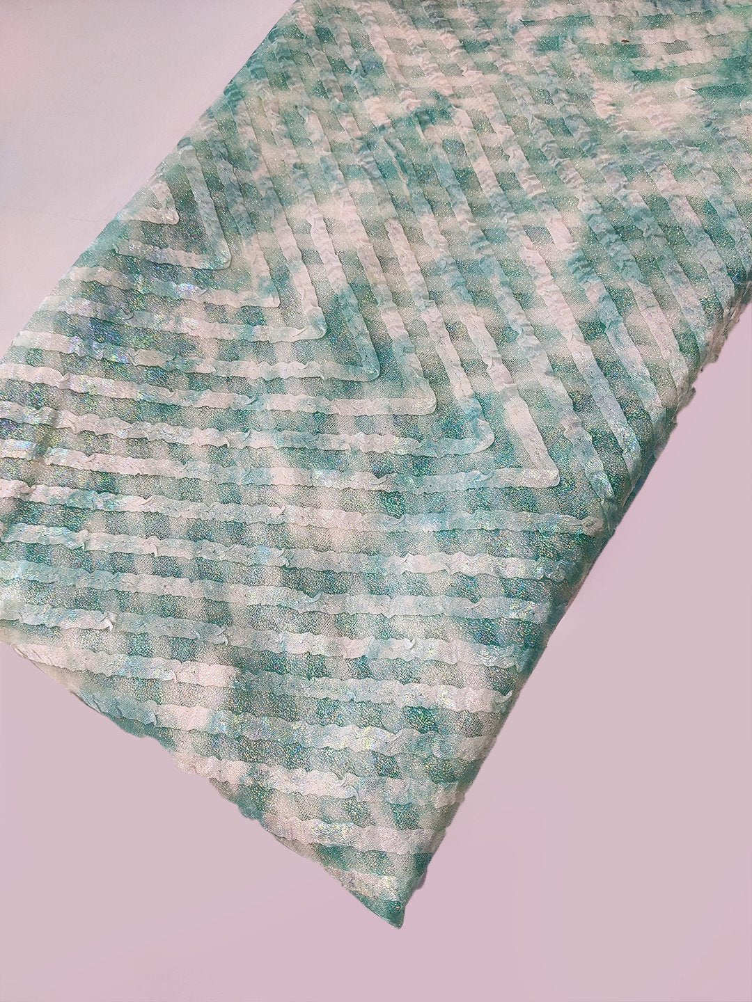Shibori Position Print  On Silk Organza Fabric With Zig-Zag Satin Patta Embroidery (60" in Width ) JUST FABRIC