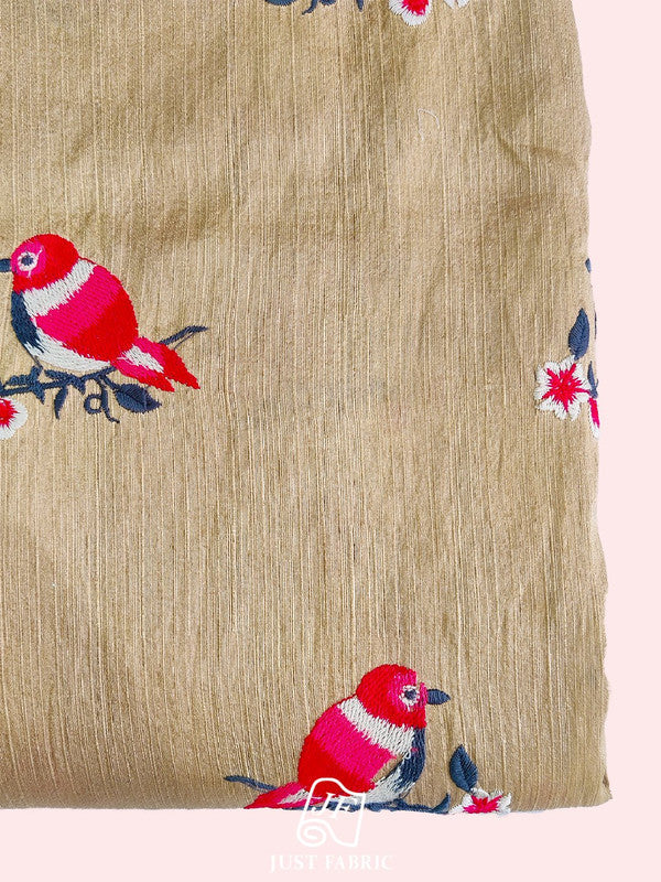 Thread Work Bird Butti Embroidery on Raw Silk Fabric  ( 44" Inch Width) JUST FABRIC