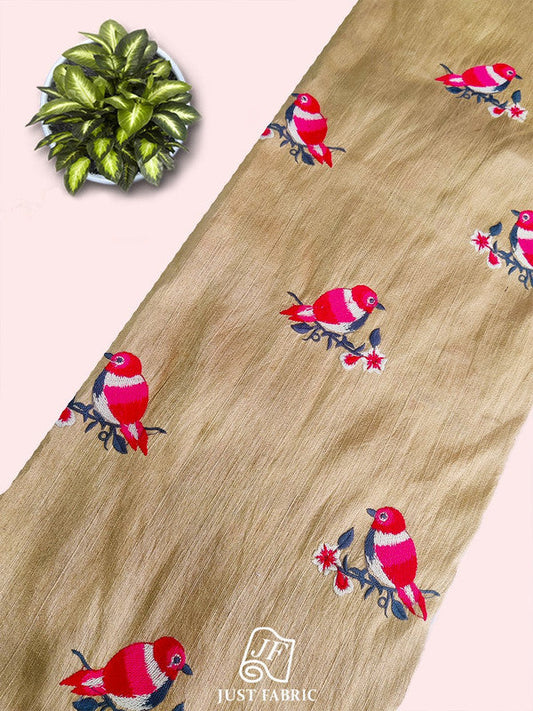Thread Work Bird Butti Embroidery on Raw Silk Fabric  ( 44" Inch Width) JUST FABRIC