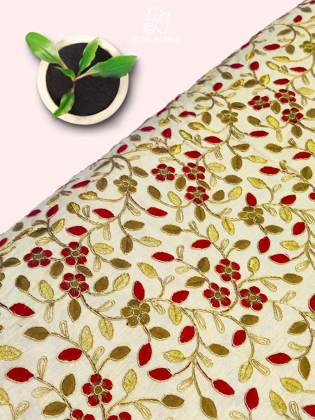 Thread work of Leaf Jaal Allover on Tusser Silk Fabric With Embroidery ( 56" Inch Width) JUST FABRIC