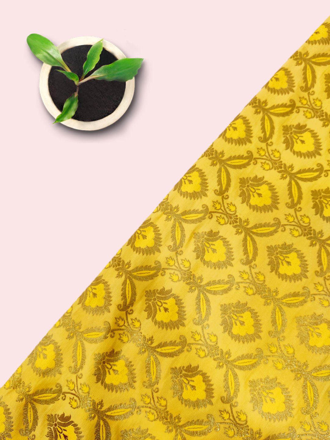 Yellow Golden Banarsi Silk Brocade  ( 44" inch Width ) JUST FABRIC