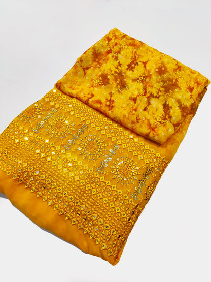 Yellow Mustard Color Mirror & Thread Work panel on Georgette Fabric With Mirror Embroidery (60" Inch Width) JUST FABRIC